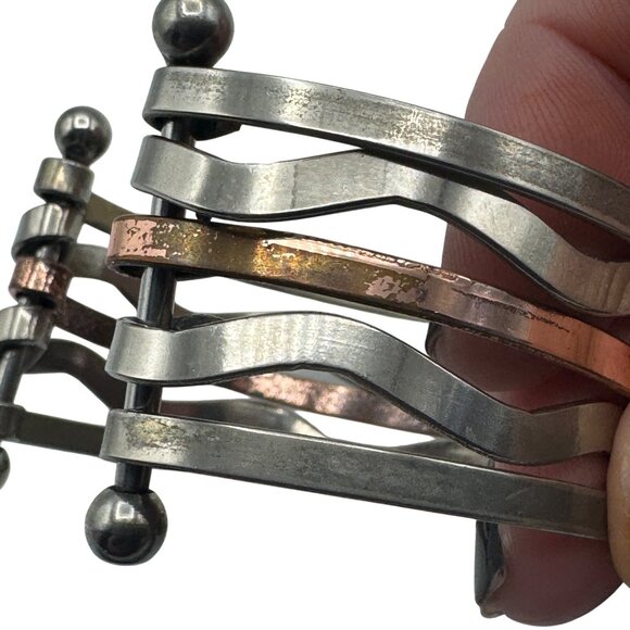 Silver Copper Cuff Bracelet Mixed Metal Open Band Wavy Design Adjustable - Picture 5 of 7